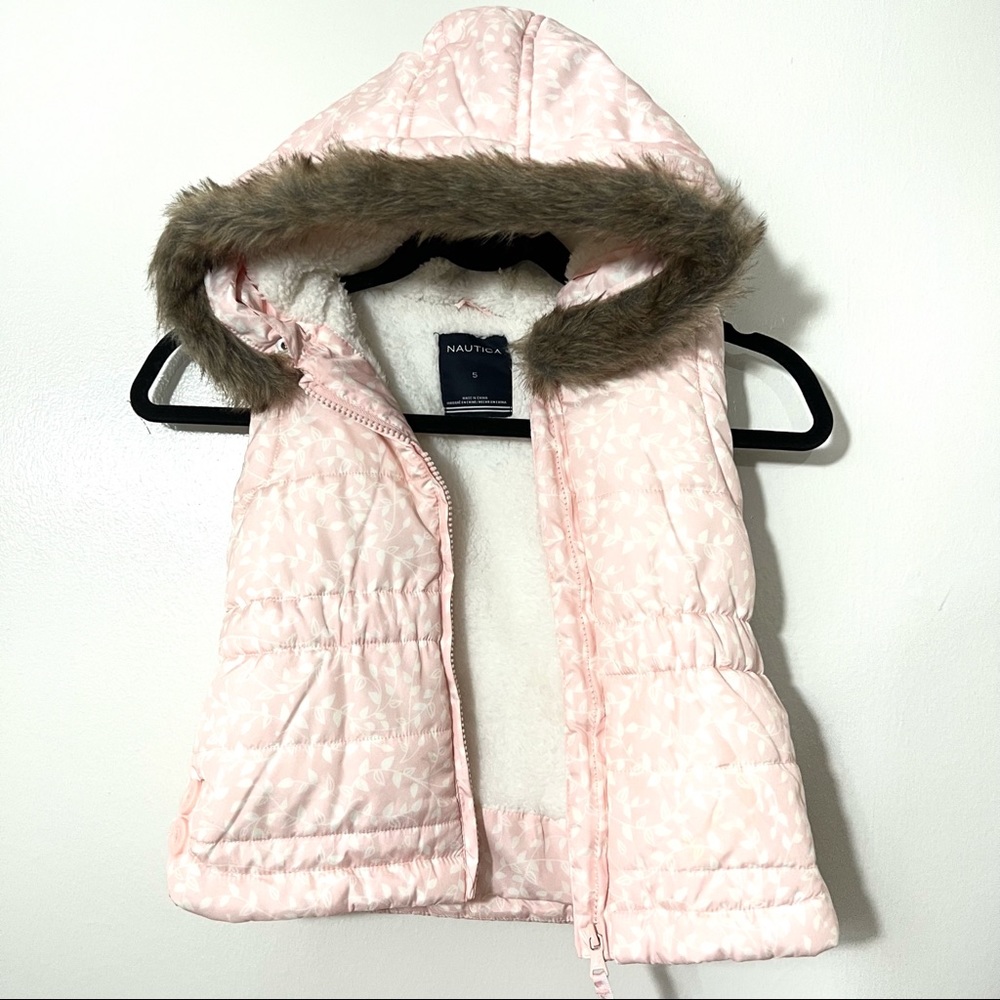 Nautica Pink and White Zip-Up Puffer Vest with Faux Fur Hood Kids Sz 5